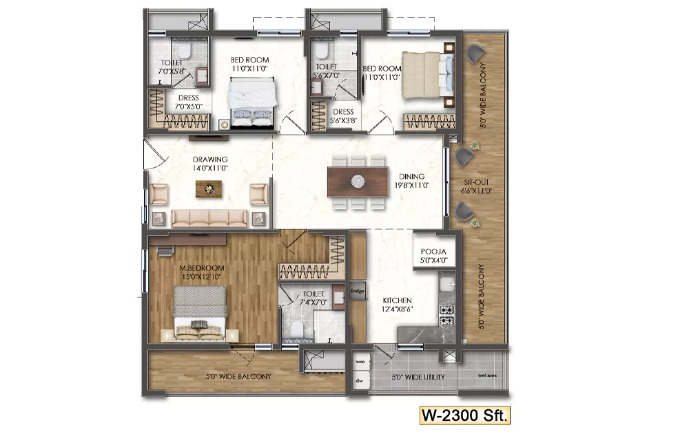 3 BHK W-2300 Sft